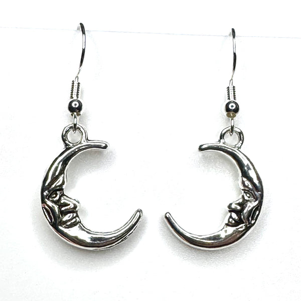 Amy Foxy Style Handmade Earrings - Celestial Silver Charms: Crescent Face Moon