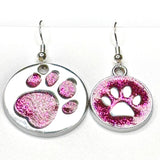 Amy Foxy Style Handmade Earrings - Asymmetrical Glitter Cat Dog Paw Medallions: Fuchsia