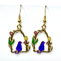 Amy Foxy Style Handmade Earrings - Cat with Flowers Charm with Golden Hooks: Purple