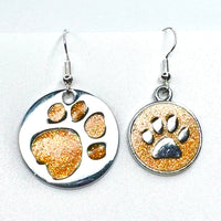 Amy Foxy Style Handmade Earrings - Asymmetrical Glitter Cat Dog Paw Medallions: Marigold