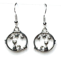 Amy Foxy Style Handmade Earrings - Celestial Silver Charms: Triple Stars Cat