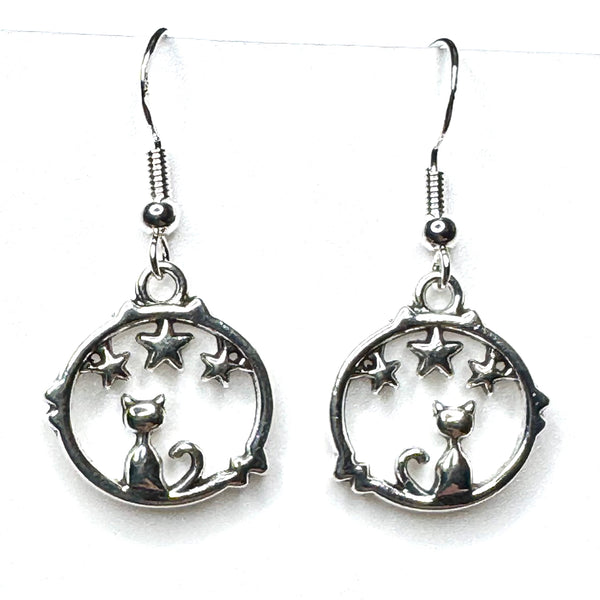 Amy Foxy Style Handmade Earrings - Celestial Silver Charms: Triple Stars Cat