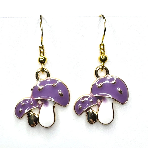 Amy Foxy Style Handmade Earrings - Mushroom Duo Charms with Golden Hooks: Purple