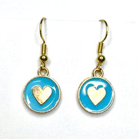 Amy Foxy Style Handmade Earrings - Little Heart Circle Charms with Golden Hooks: Light Blue