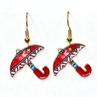 Amy Foxy Style Handmade Earrings - Umbrella Charms with Golden Hooks: Red Geometric