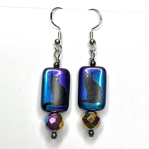 Amy Foxy Style Handmade Earrings - Iridescent Black Cat Silhouette and Faceted Round Beads
