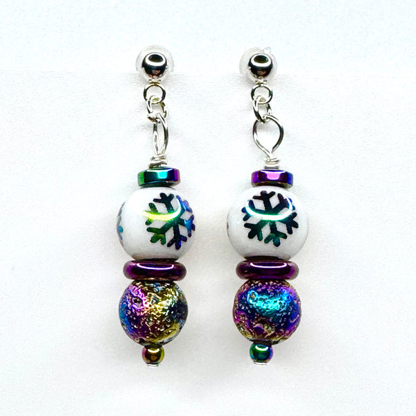 Amy Foxy Style Handmade Post Earrings - Rainbow Iridescent Snowflake and Lava Beads