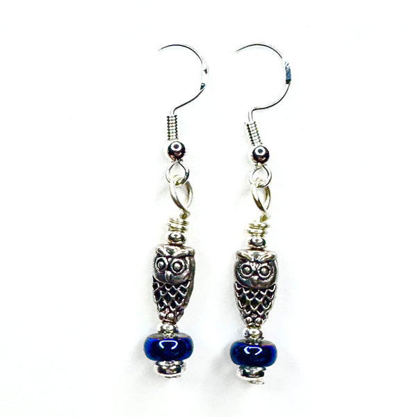 Amy Foxy Style Handmade Earrings - Silver Sleek Owls with Blue Iridescent Beads