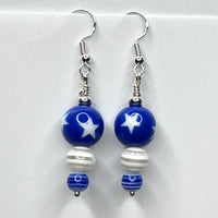 Amy Foxy Style Handmade Earrings - Blue and White Stars with Striped Beads