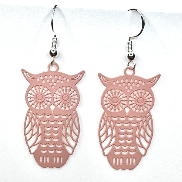 Amy Foxy Style Handmade Earrings - Delicate Filigree Owl Charms: Matte Pink