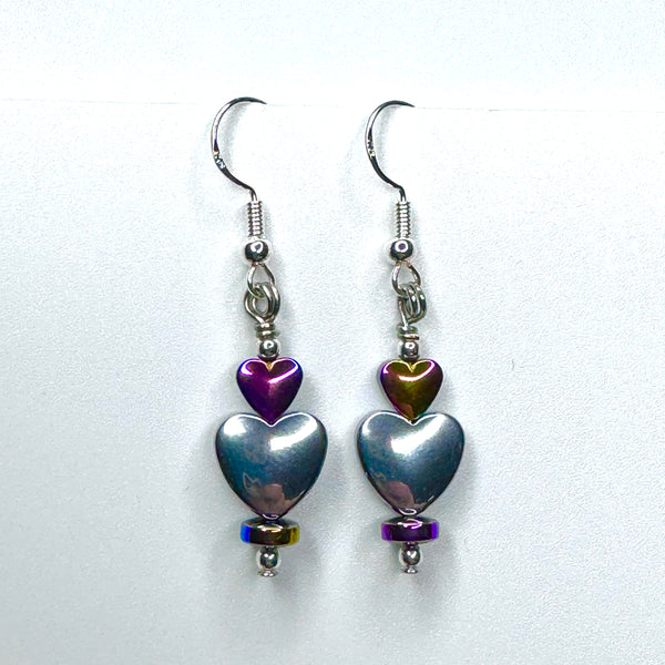 Amy Foxy Style Handmade Earrings - Shiny Silver Hearts with Rainbow Hematite Hearts and Rondelle Beads
