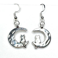 Amy Foxy Style Handmade Earrings - Celestial Silver Charms: Cat on Crescent Moon