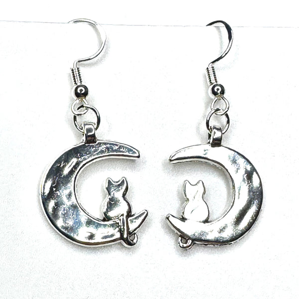 Amy Foxy Style Handmade Earrings - Celestial Silver Charms: Cat on Crescent Moon