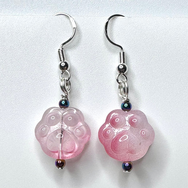 Amy Foxy Style Handmade Earrings - Pink Ombré Glass Cat Dog Paws with Rainbow Hematite Beads