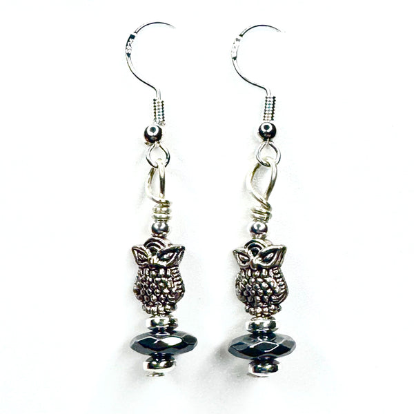 Amy Foxy Style Handmade Earrings - Silver Fluffy Owls with Hematite and Silver Beads