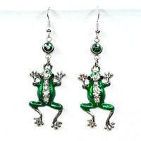 Amy Foxy Style Handmade Earrings - Enamel and Rhinestone Frog Charms with Silver Hooks and Green Rhinestone Connectors