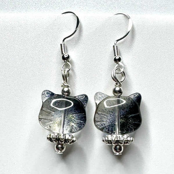 Amy Foxy Style Handmade Earrings - Smoke & Gold Ombré Glass Cat Face with Fancy Silver Beads