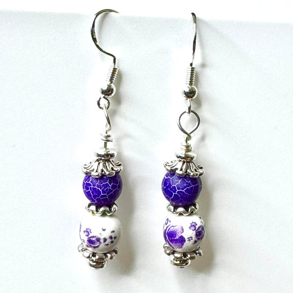 Amy Foxy Style Handmade Earrings - Purple Flower Porcelain with Crackle Agate Beads