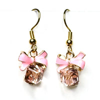Amy Foxy Style Handmade Earrings - Cubic Rhinestone Present with Enamel Bow Charm with Golden Hooks: Pink