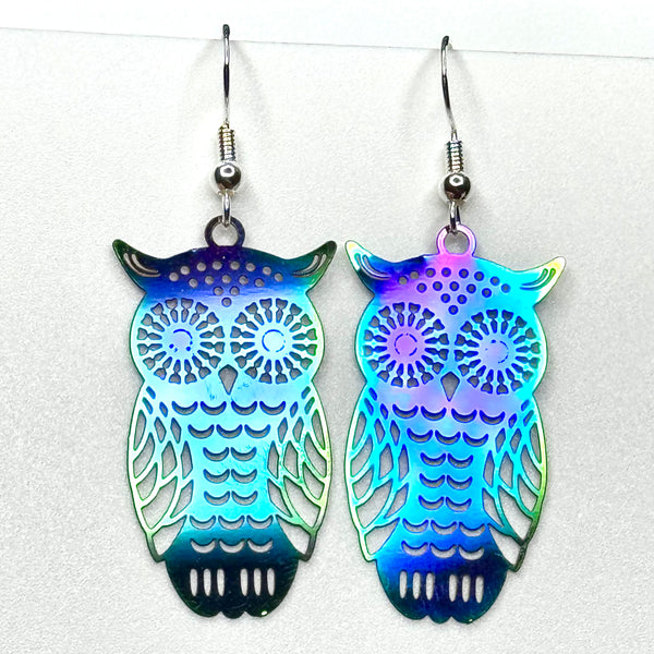 Amy Foxy Style Handmade Earrings - Delicate Filigree Owl Charms: Metallic Iridescent