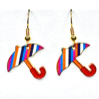 Amy Foxy Style Handmade Earrings - Umbrella Charms with Golden Hooks: Diagonal Stripes