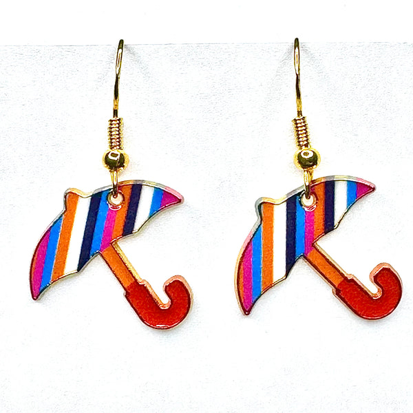 Amy Foxy Style Handmade Earrings - Umbrella Charms with Golden Hooks: Diagonal Stripes