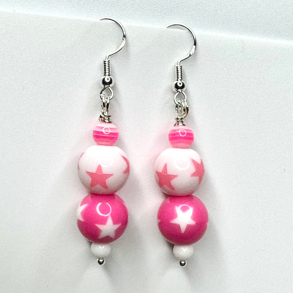 Amy Foxy Style Handmade Earrings - Bright Pink and White Stars with Striped Beads
