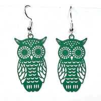 Amy Foxy Style Handmade Earrings - Delicate Filigree Owl Charms: Matte Green