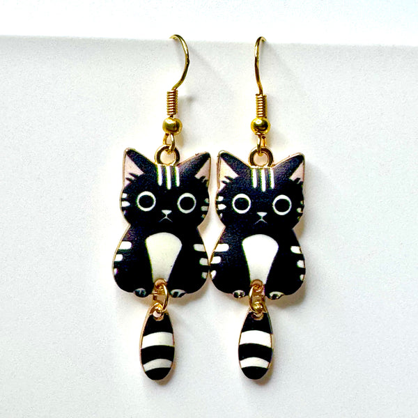 Amy Foxy Style Handmade Earrings - Cat Charm with Golden Hooks: Tuxedo Stripe