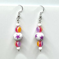 Amy Foxy Style Handmade Earrings - White and Purple Stars with Orange, Pink, Lavender Striped Beads