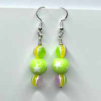 Amy Foxy Style Handmade Earrings - Lime Green and White Stars with Lime, Yellow, Lavender Striped Beads