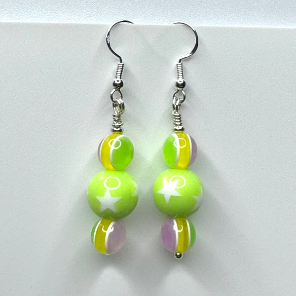 Amy Foxy Style Handmade Earrings - Lime Green and White Stars with Lime, Yellow, Lavender Striped Beads