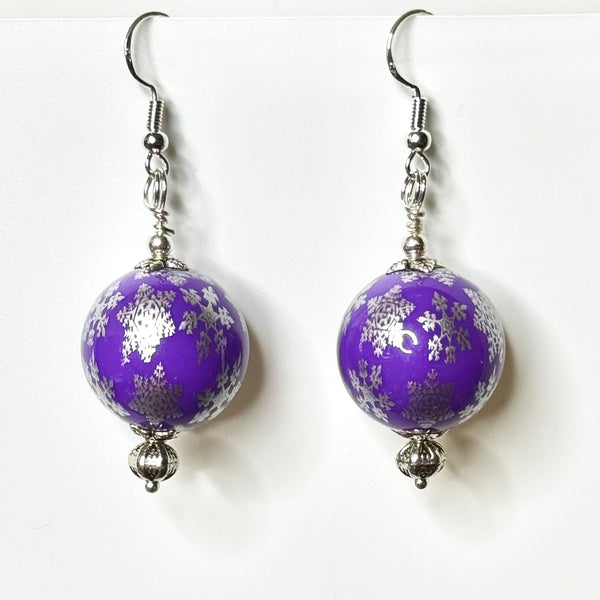 Amy Foxy Style Handmade Earrings - Purple Silver Snowflake Big Ball Beads