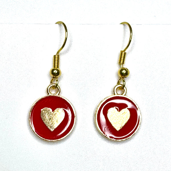 Amy Foxy Style Handmade Earrings - Little Heart Circle Charms with Golden Hooks: Red