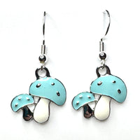 Amy Foxy Style Handmade Earrings - Mushroom Duo Charms with Silver Hooks: Blue