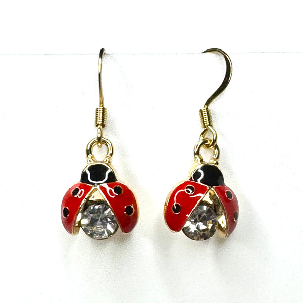 Amy Foxy Style Handmade Earrings - Ladybug Charms with Golden Hooks: Red Wings with Rhinestone
