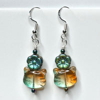 Amy Foxy Style Handmade Earrings - Green & Copper Ombré Glass Cat Face with Iridescent Flower Beads