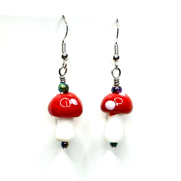 Amy Foxy Style Handmade Earrings - Glass Mushroom Beads: Red