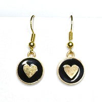 Amy Foxy Style Handmade Earrings - Little Heart Circle Charms with Golden Hooks: Black