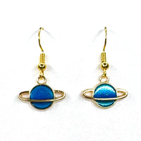 Amy Foxy Style Handmade Earrings - Small Blue Planets with Golden Hooks