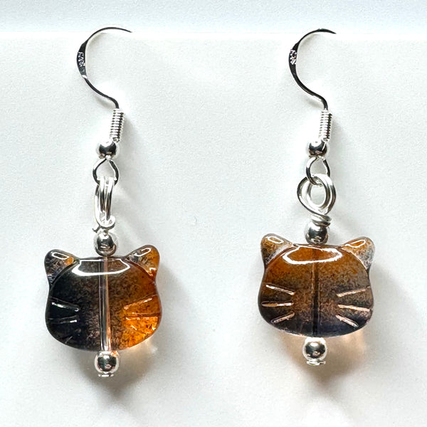 Amy Foxy Style Handmade Earrings - Calico Ombré Glass Cat Face with Silver Beads