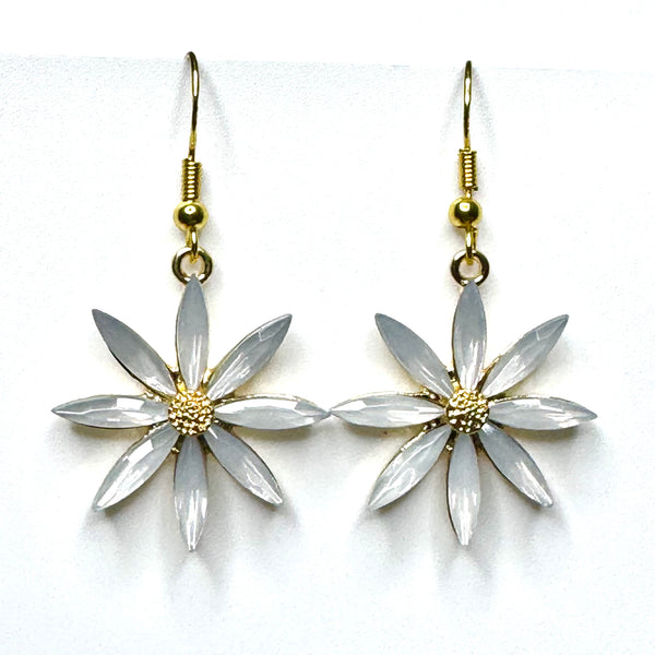 Amy Foxy Style Handmade Earrings - Rhinestone Flower Charms with Golden Hooks: White