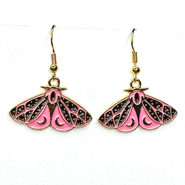Amy Foxy Style Handmade Earrings - Moth Charms with Golden Hooks: Bubblegum Pink