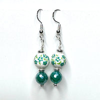 Amy Foxy Style Handmade Earrings - Green Flower Porcelain with Mystic Green Fire Agate Beads