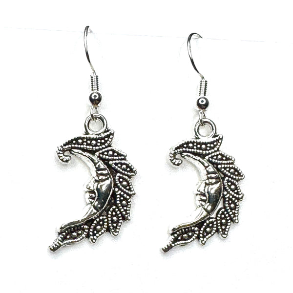 Amy Foxy Style Handmade Earrings - Celestial Silver Charms: Ornate Crescent Moon