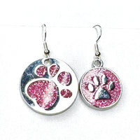 Amy Foxy Style Handmade Earrings - Asymmetrical Glitter Cat Dog Paw Medallions: Pink