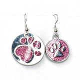 Amy Foxy Style Handmade Earrings - Asymmetrical Glitter Cat Dog Paw Medallions: Pink