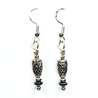 Amy Foxy Style Handmade Earrings - Silver Sleek Owls with Hematite and Silver Beads