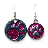 Amy Foxy Style Handmade Earrings - Asymmetrical Glitter Cat Dog Paw Medallions: Fuchsia