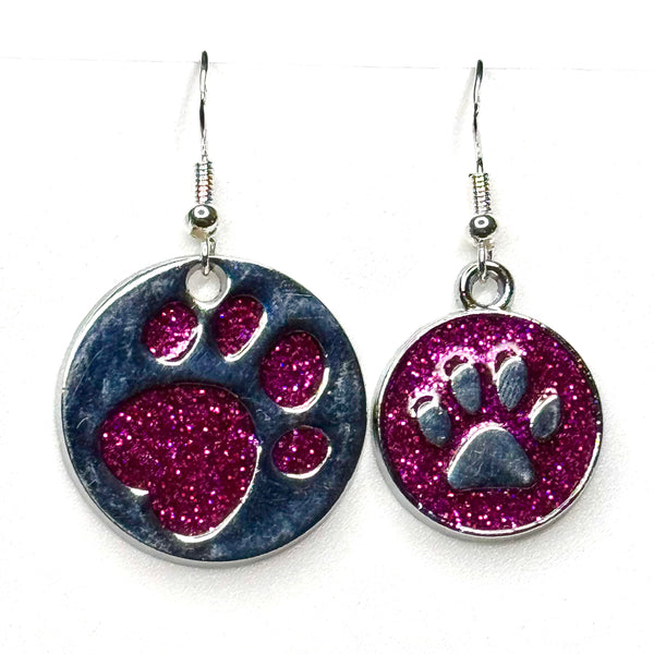 Amy Foxy Style Handmade Earrings - Asymmetrical Glitter Cat Dog Paw Medallions: Fuchsia